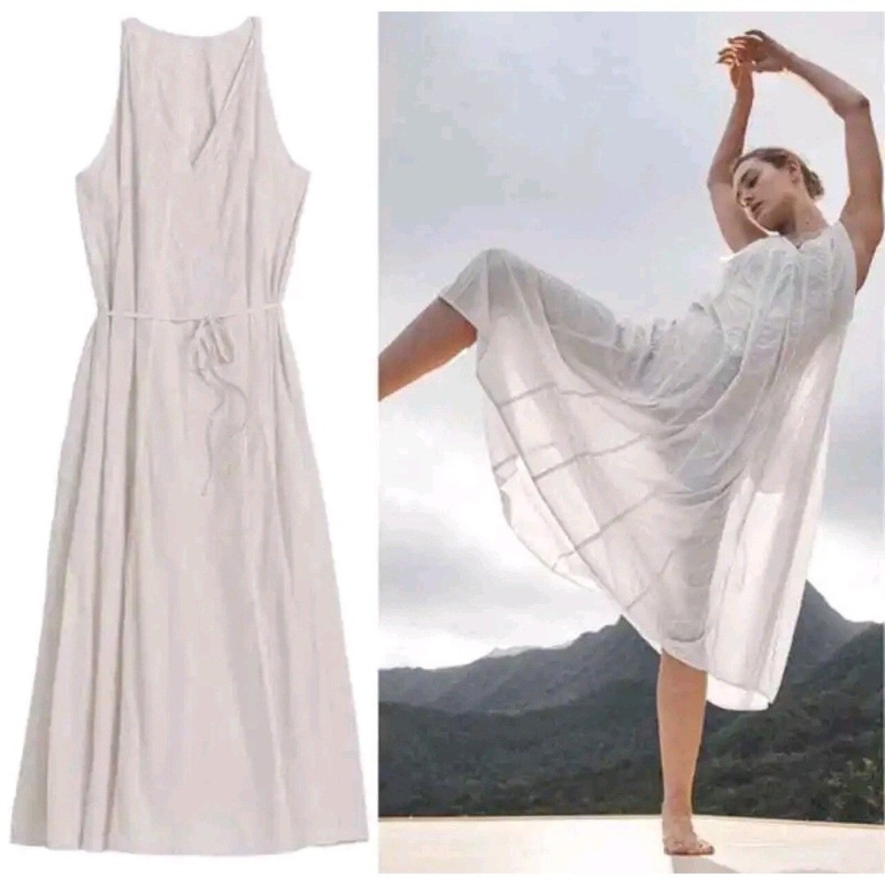 Athleta Beige V-Neck Sleeveless Midi Parachute Dress Tie‎ Waist  Size M